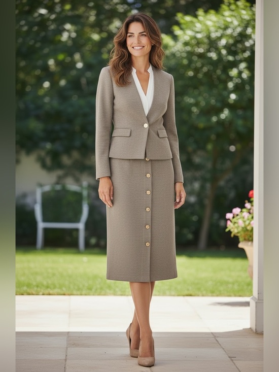 St. John Dresses & Skirts - St. John Taupe Wool Two-Piece Skirt Blazer Suit size 2
